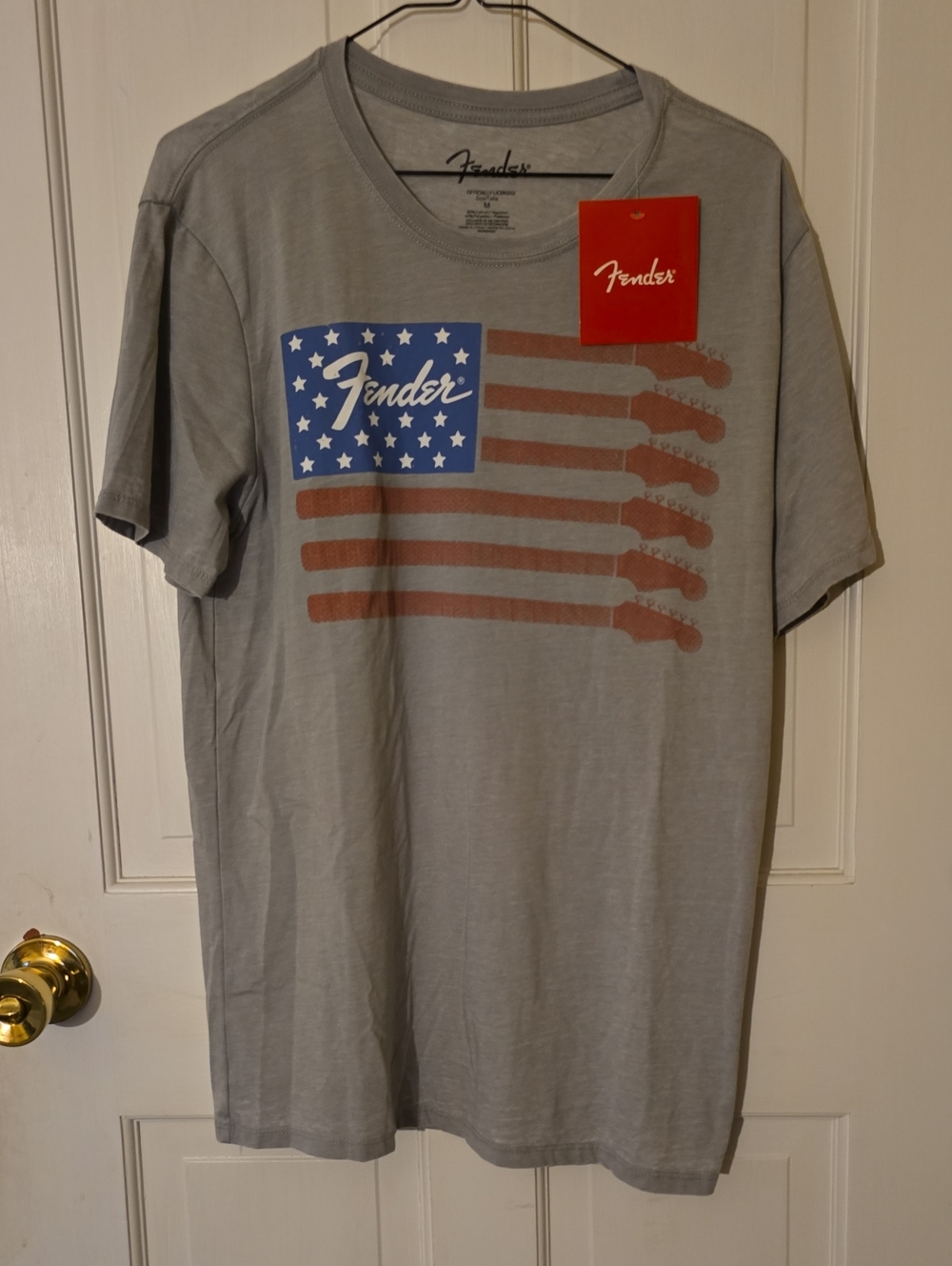 Fender Gray Short-Sleeve Tee with Red & Blue Flag Guitar Graphic